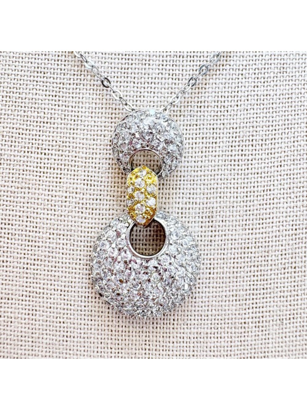 CZ Interlocking Pendant Necklace Two Tone 925 Sterling Silver 18" Adjustable
